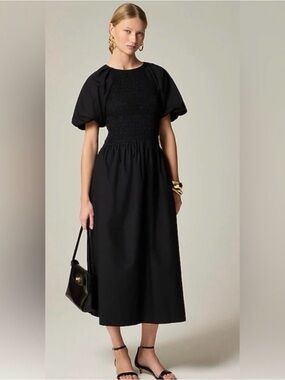 J. Crew MEADOW Black 100% Cotton Smock Stretch Bodice Puff Sleeve Midi Dress NEW